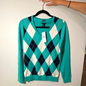 Tommy Hilfiger Argyle Teal V Neck Sweater